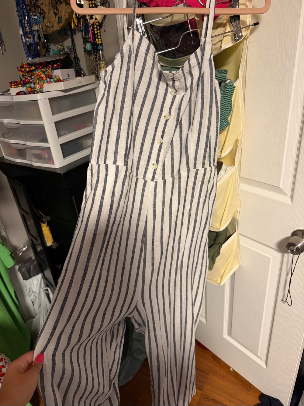 Old Navy White and Navy Striped Linen-Feel Jumpsuit